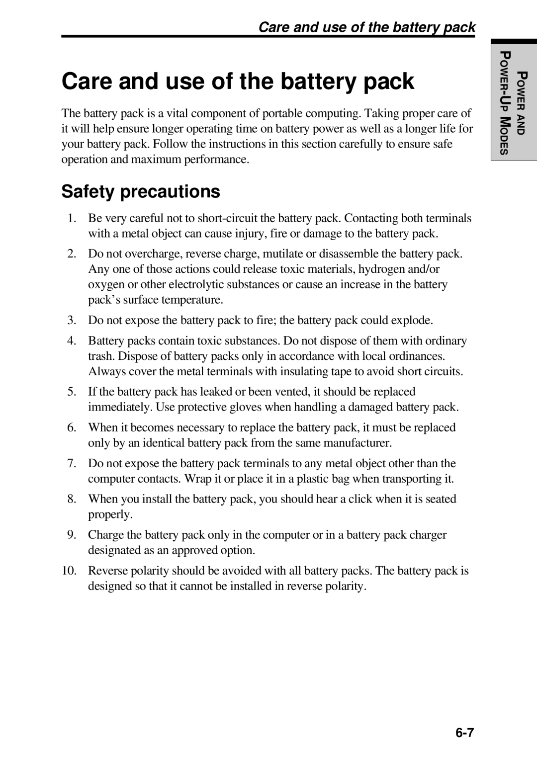 Toshiba TE2000 manual Care and use of the battery pack, Safety precautions 