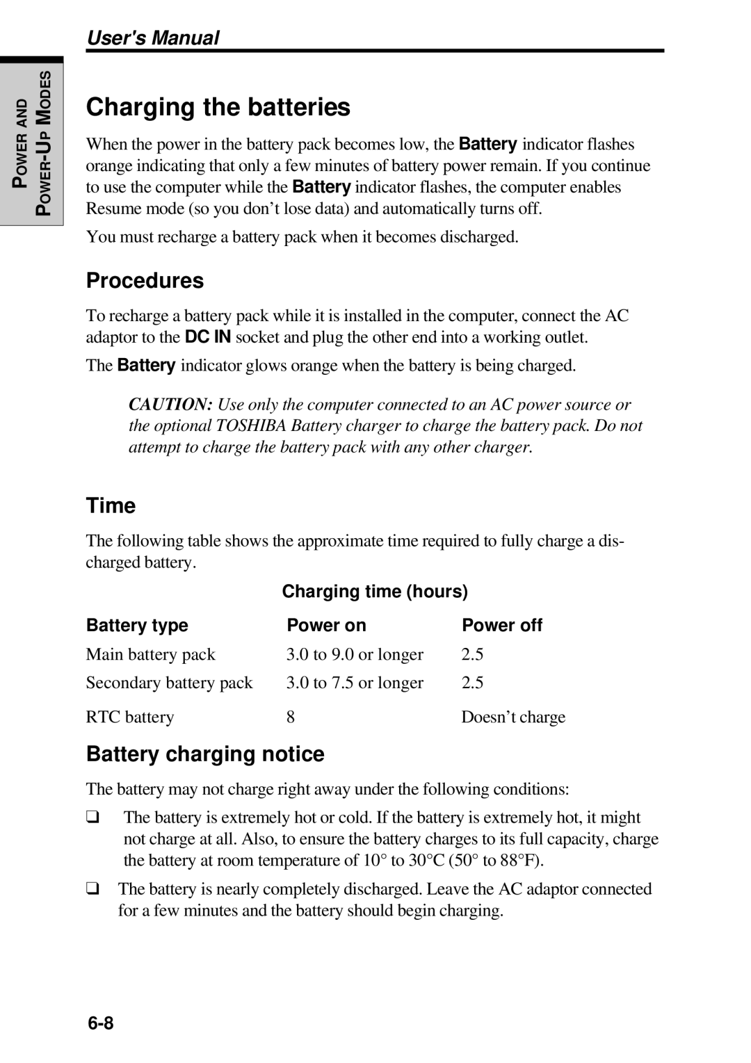 Toshiba TE2000 manual Charging the batteries, Procedures, Time, Battery charging notice 