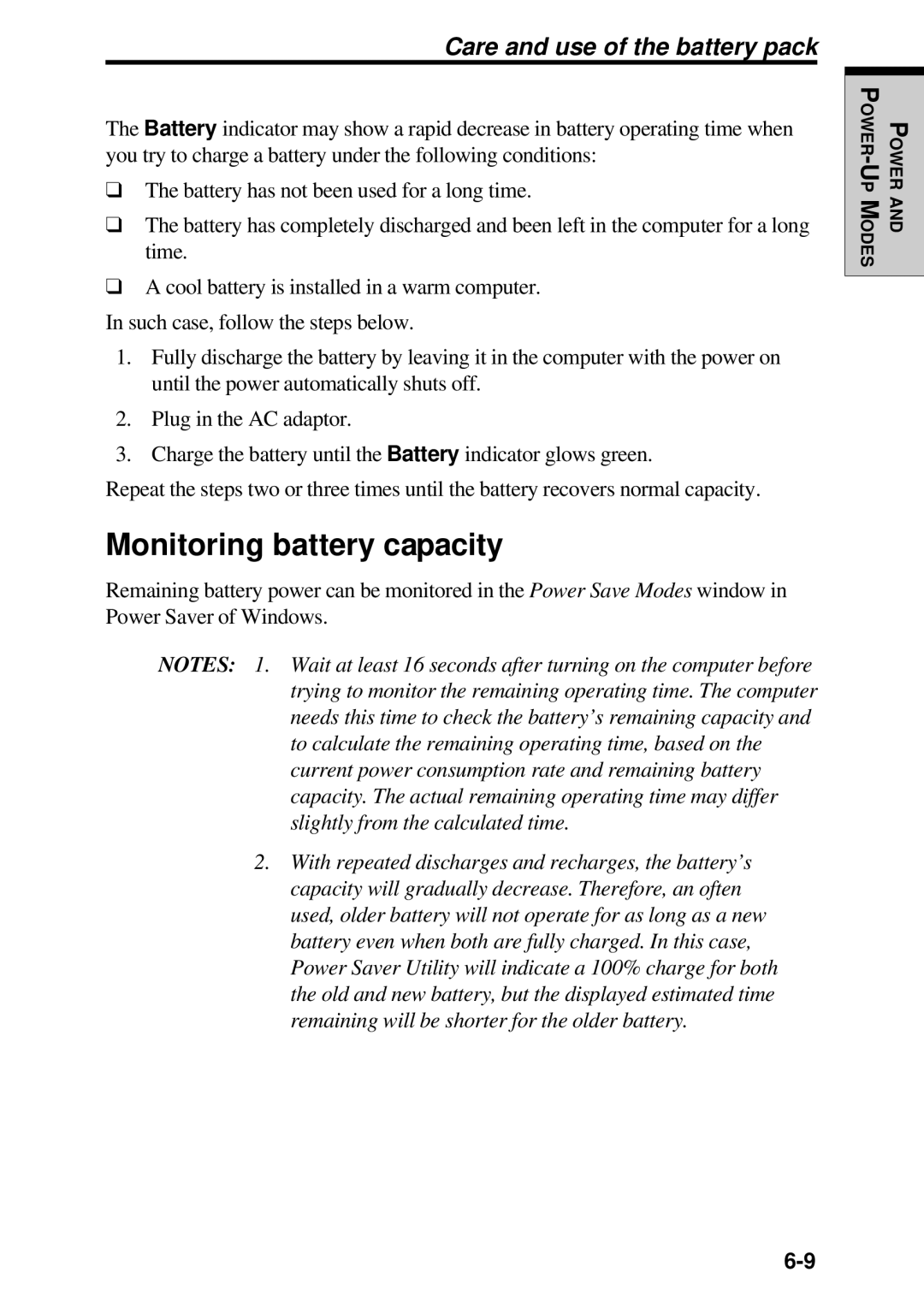 Toshiba TE2000 manual Monitoring battery capacity 