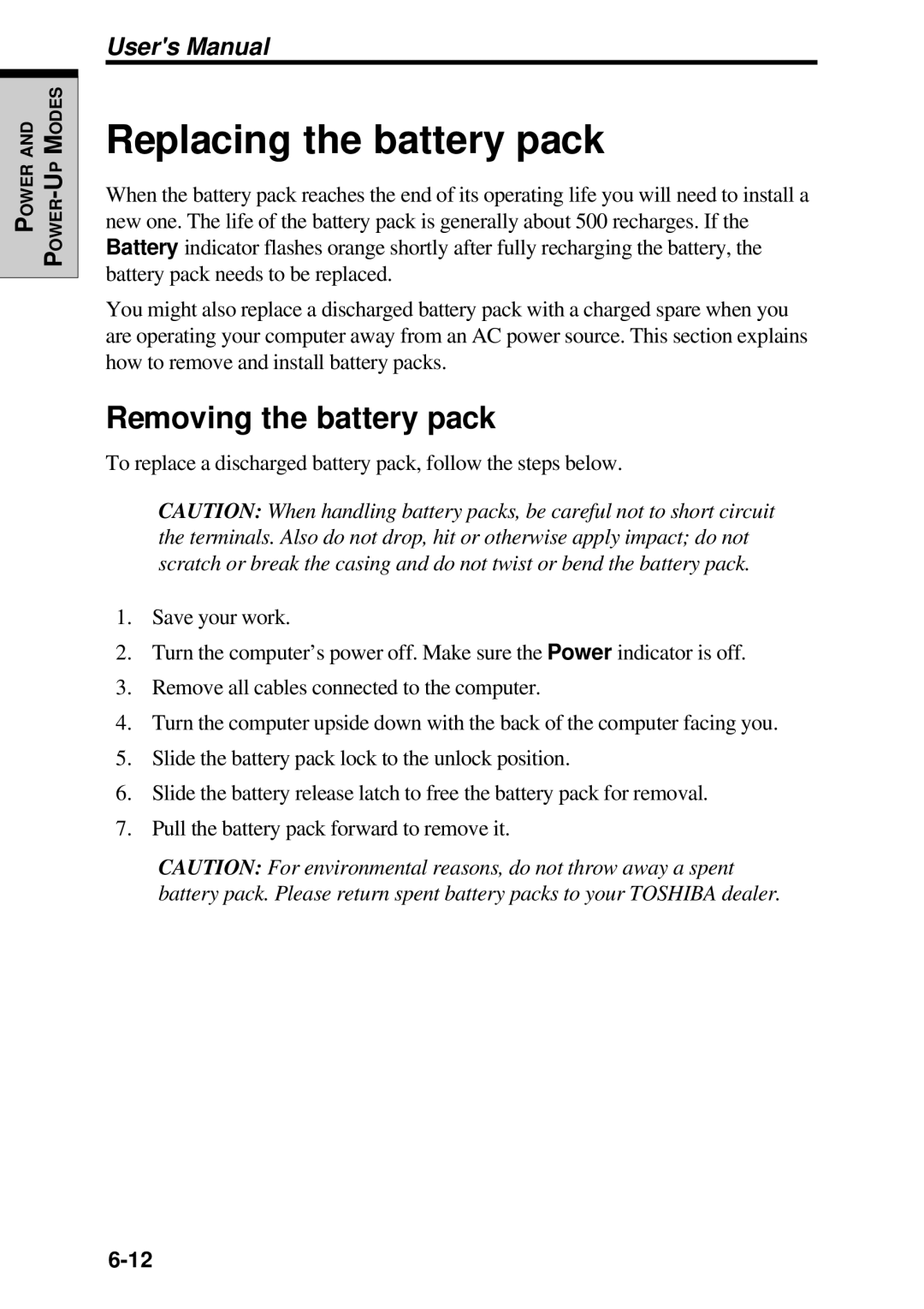 Toshiba TE2000 manual Replacing the battery pack, Removing the battery pack 