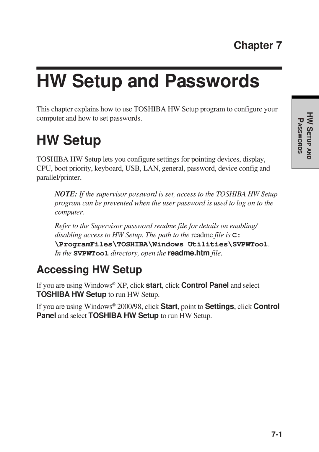 Toshiba TE2000 manual HW Setup and Passwords, Accessing HW Setup 