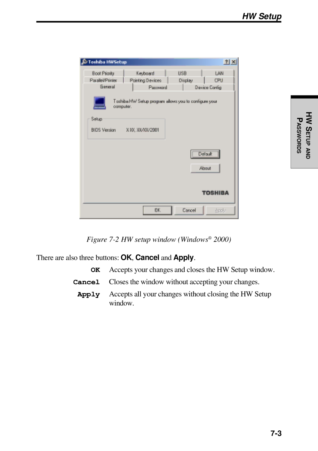 Toshiba TE2000 manual HW Setup, There are also three buttons OK, Cancel and Apply 