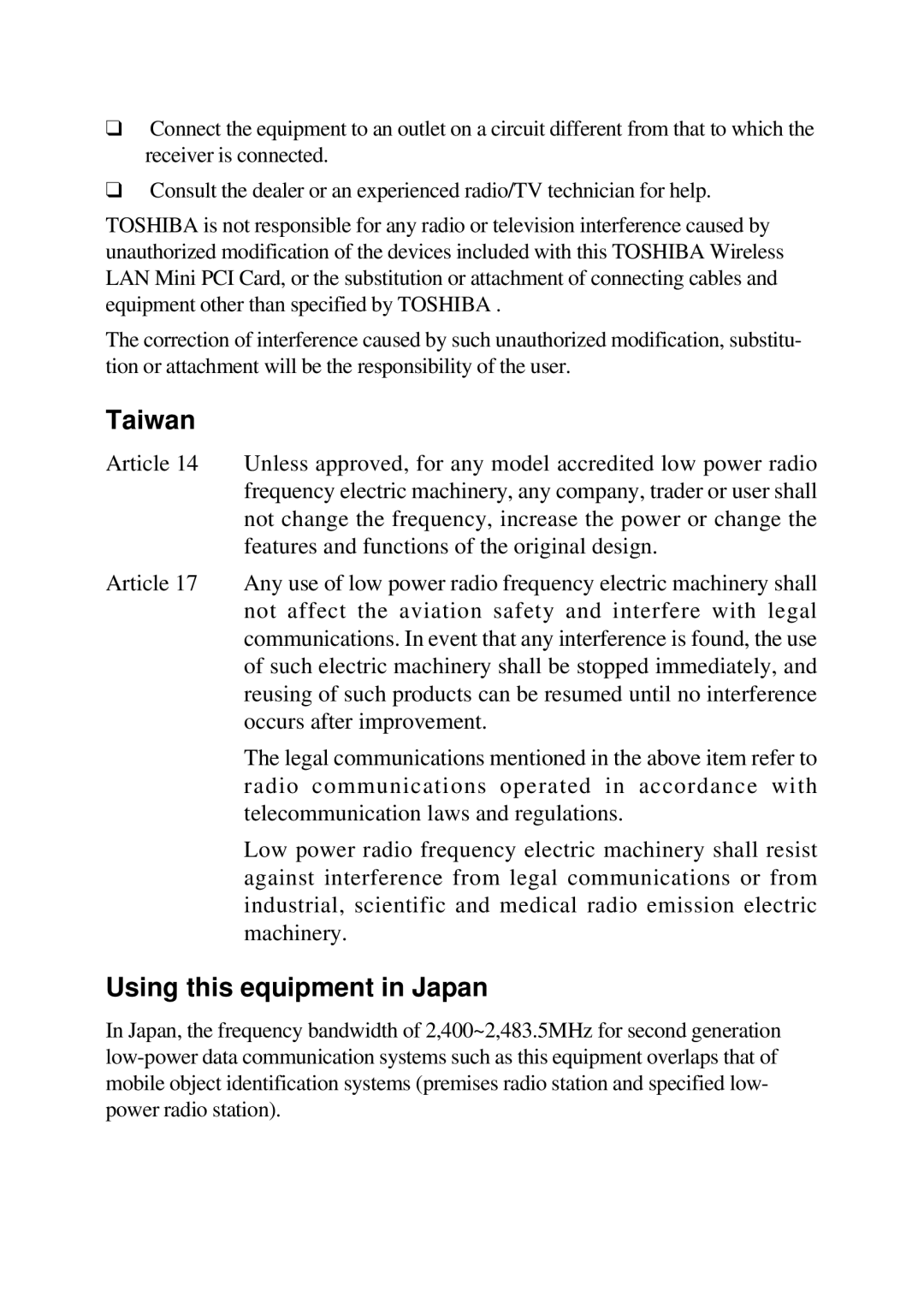 Toshiba TE2000 manual Taiwan, Using this equipment in Japan 