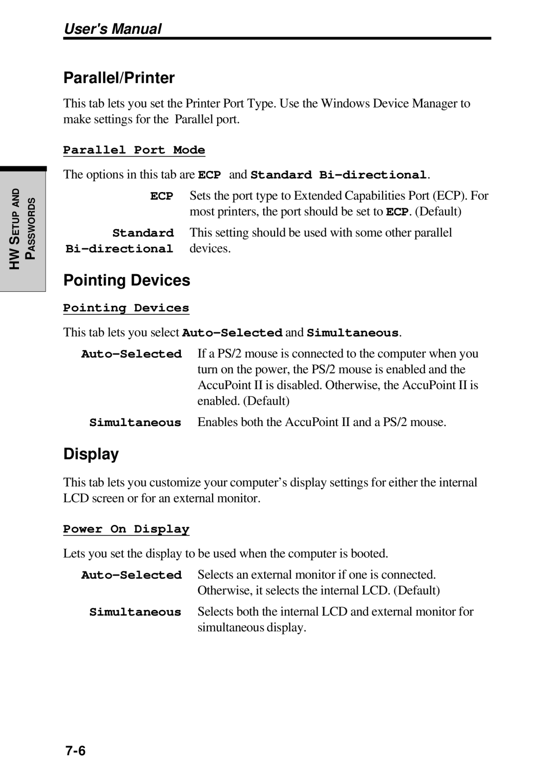 Toshiba TE2000 manual Parallel/Printer, Pointing Devices 