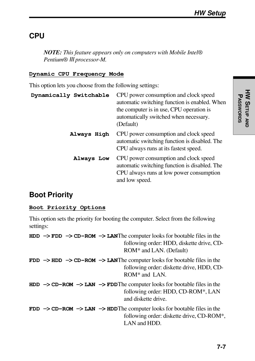 Toshiba TE2000 manual Cpu, Boot Priority 