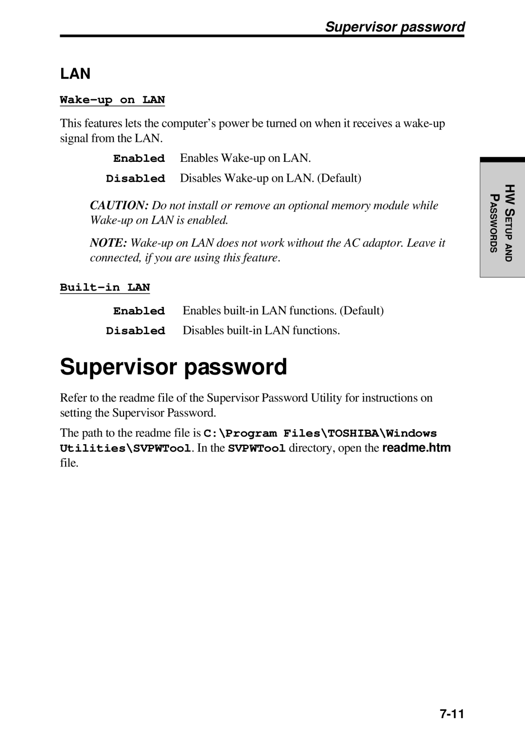 Toshiba TE2000 manual Supervisor password 