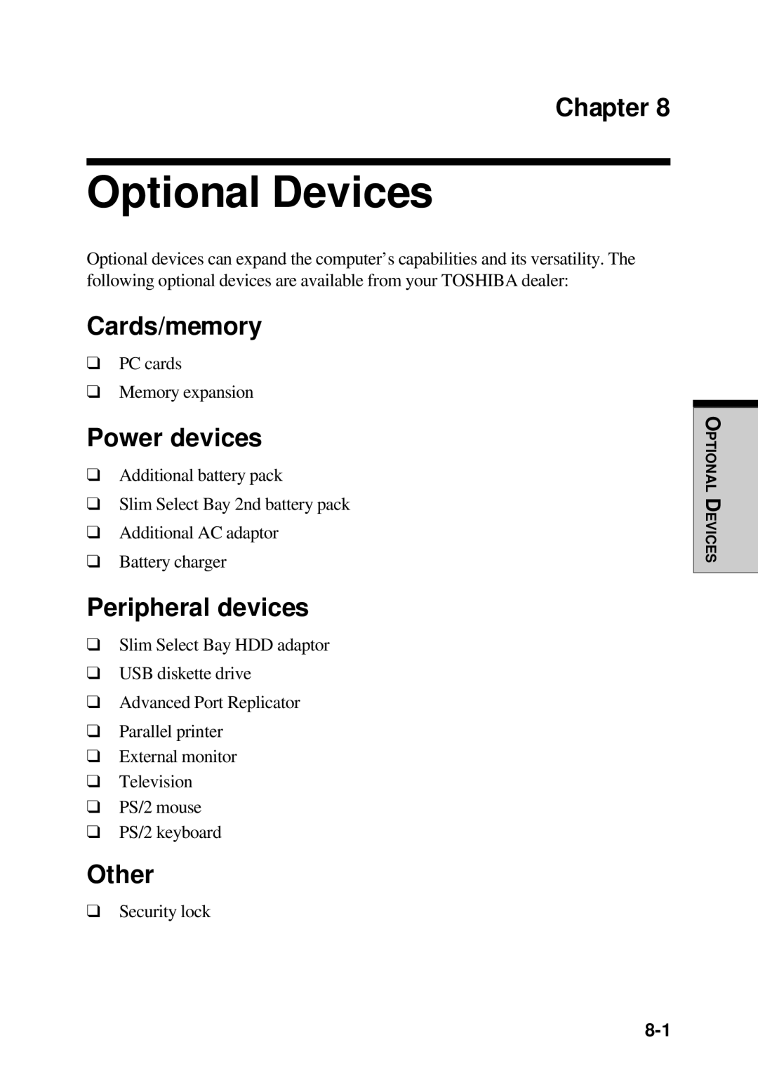 Toshiba TE2000 manual Optional Devices, Cards/memory, Power devices, Peripheral devices, Other 