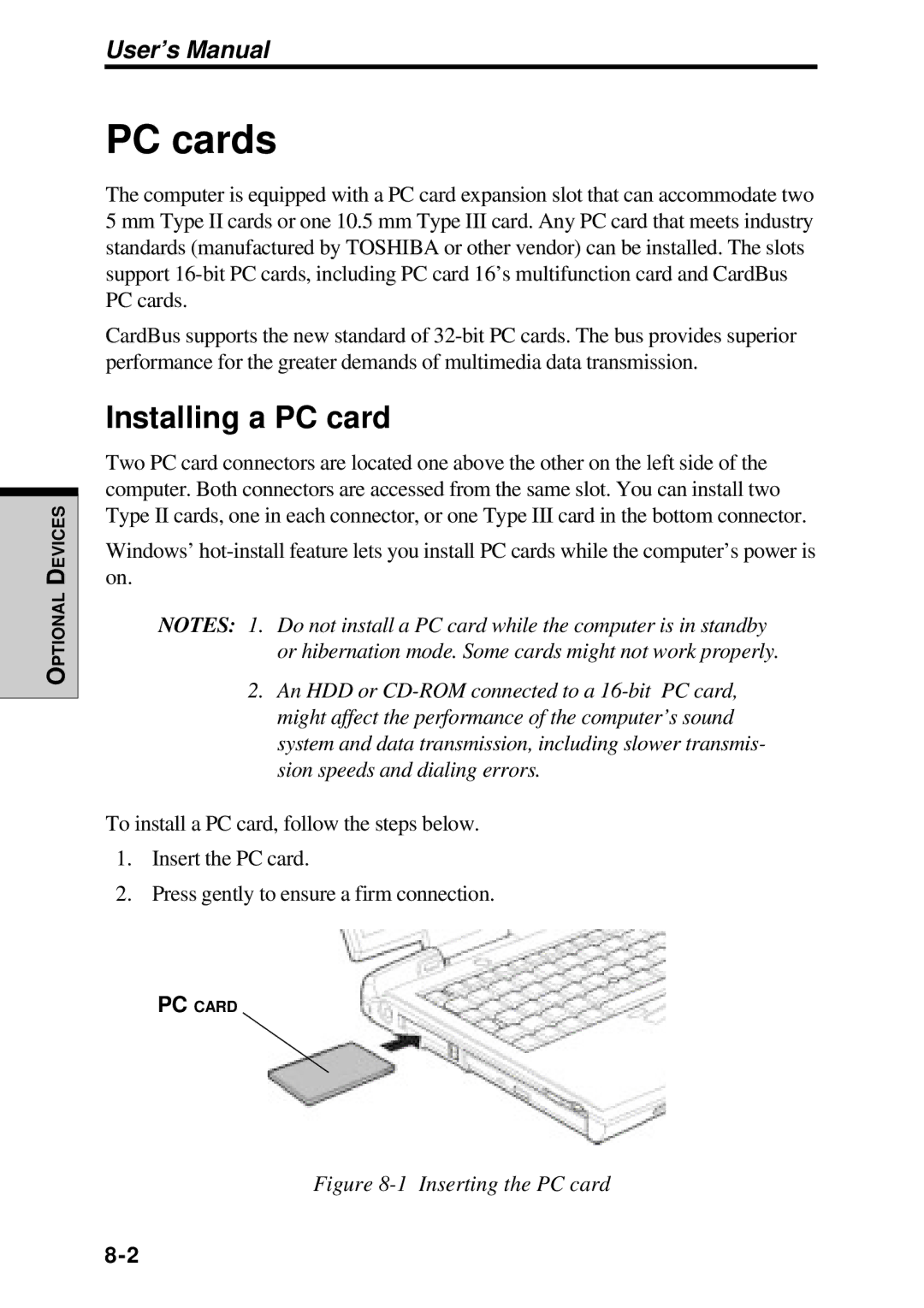 Toshiba TE2000 manual PC cards, Installing a PC card, User’s Manual 