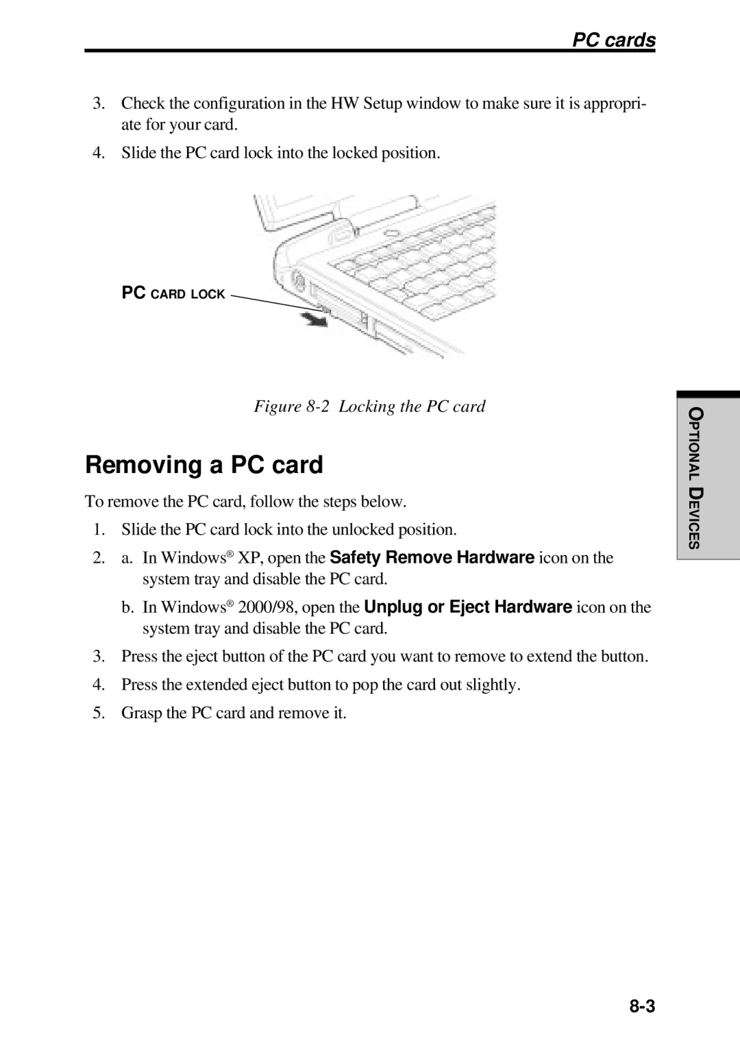 Toshiba TE2000 manual Removing a PC card, PC cards 