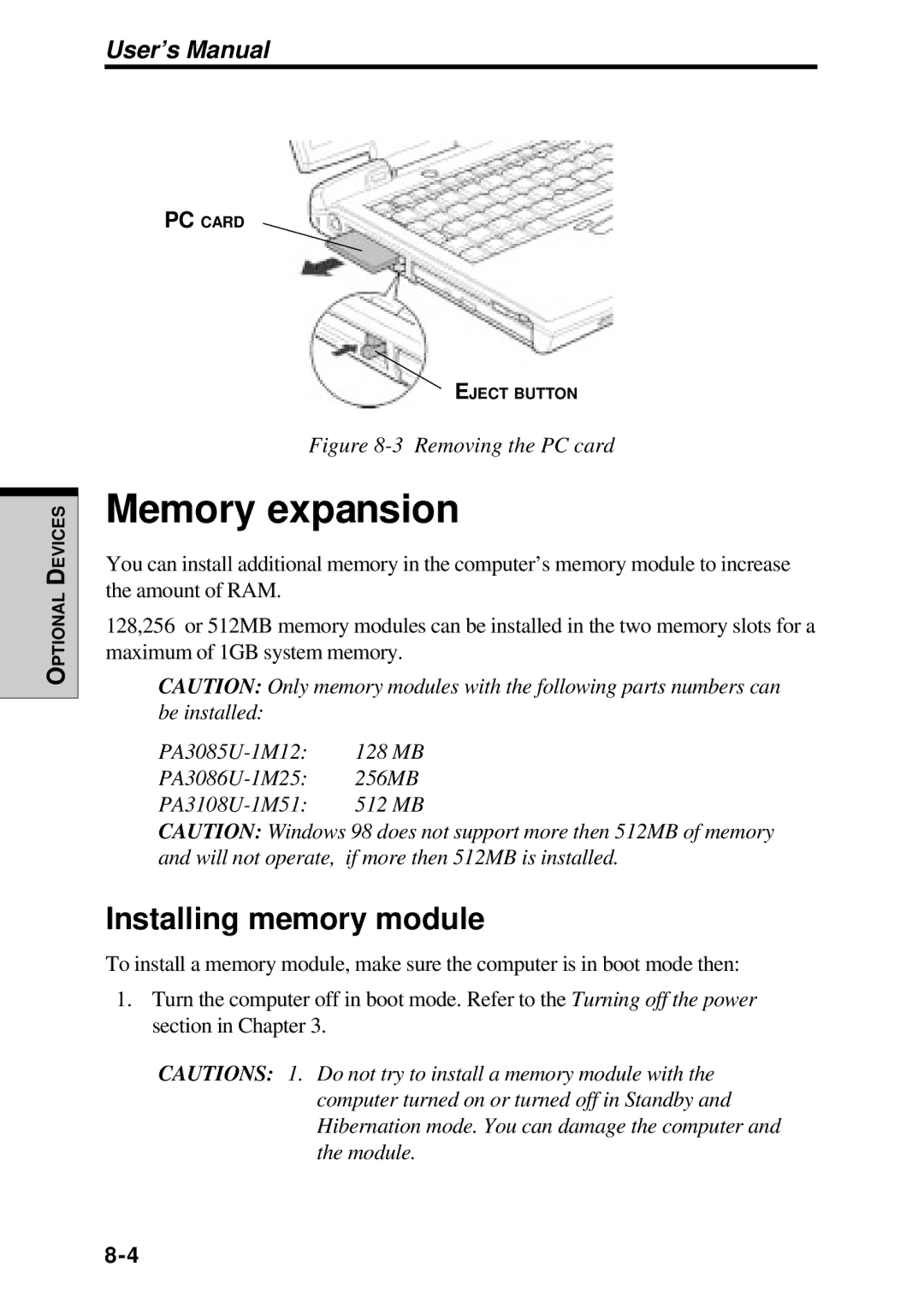 Toshiba TE2000 manual Memory expansion, Installing memory module 