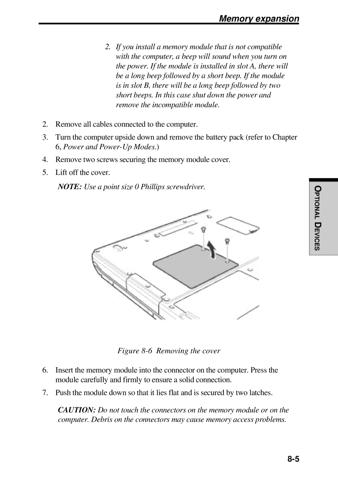 Toshiba TE2000 manual Memory expansion, Removing the cover 