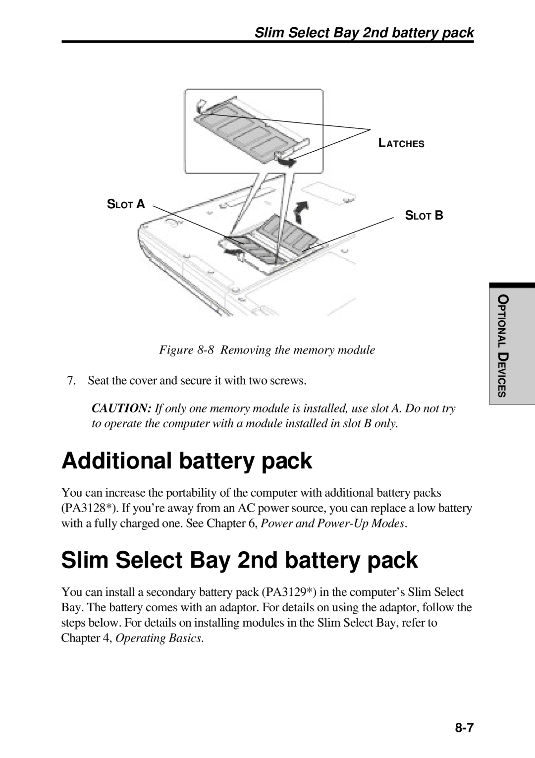 Toshiba TE2000 manual Additional battery pack, Slim Select Bay 2nd battery pack 