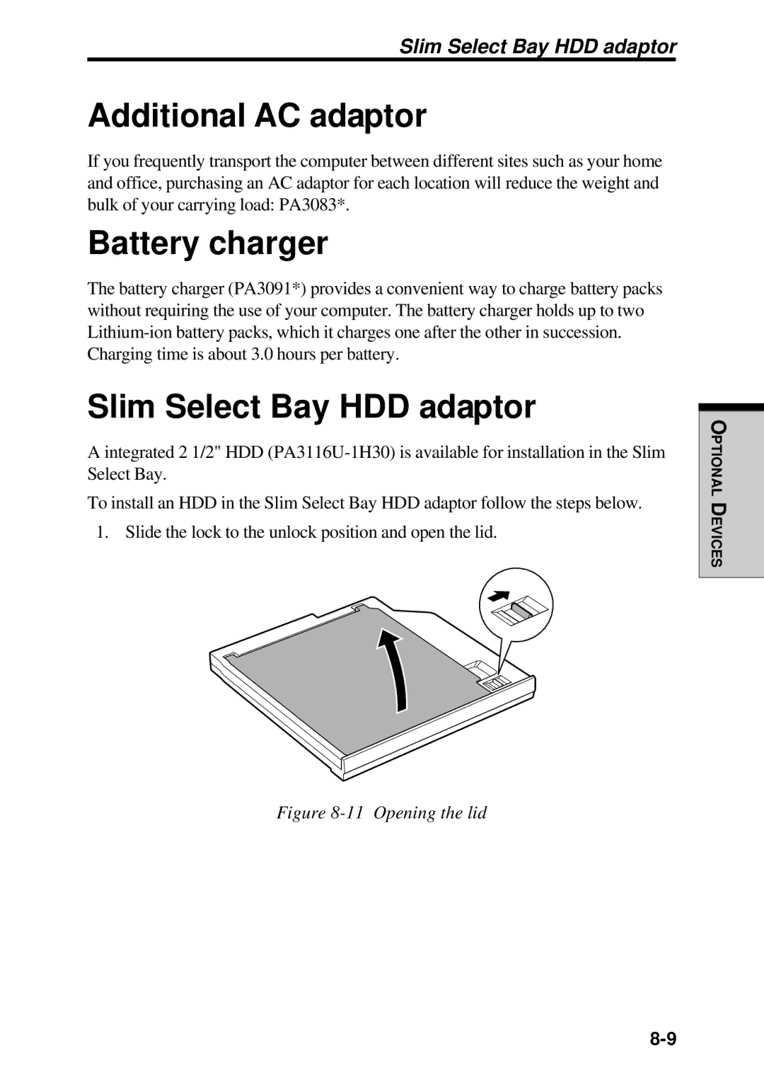 Toshiba TE2000 manual Additional AC adaptor, Battery charger, Slim Select Bay HDD adaptor 