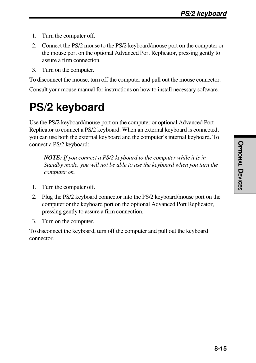 Toshiba TE2000 manual PS/2 keyboard 