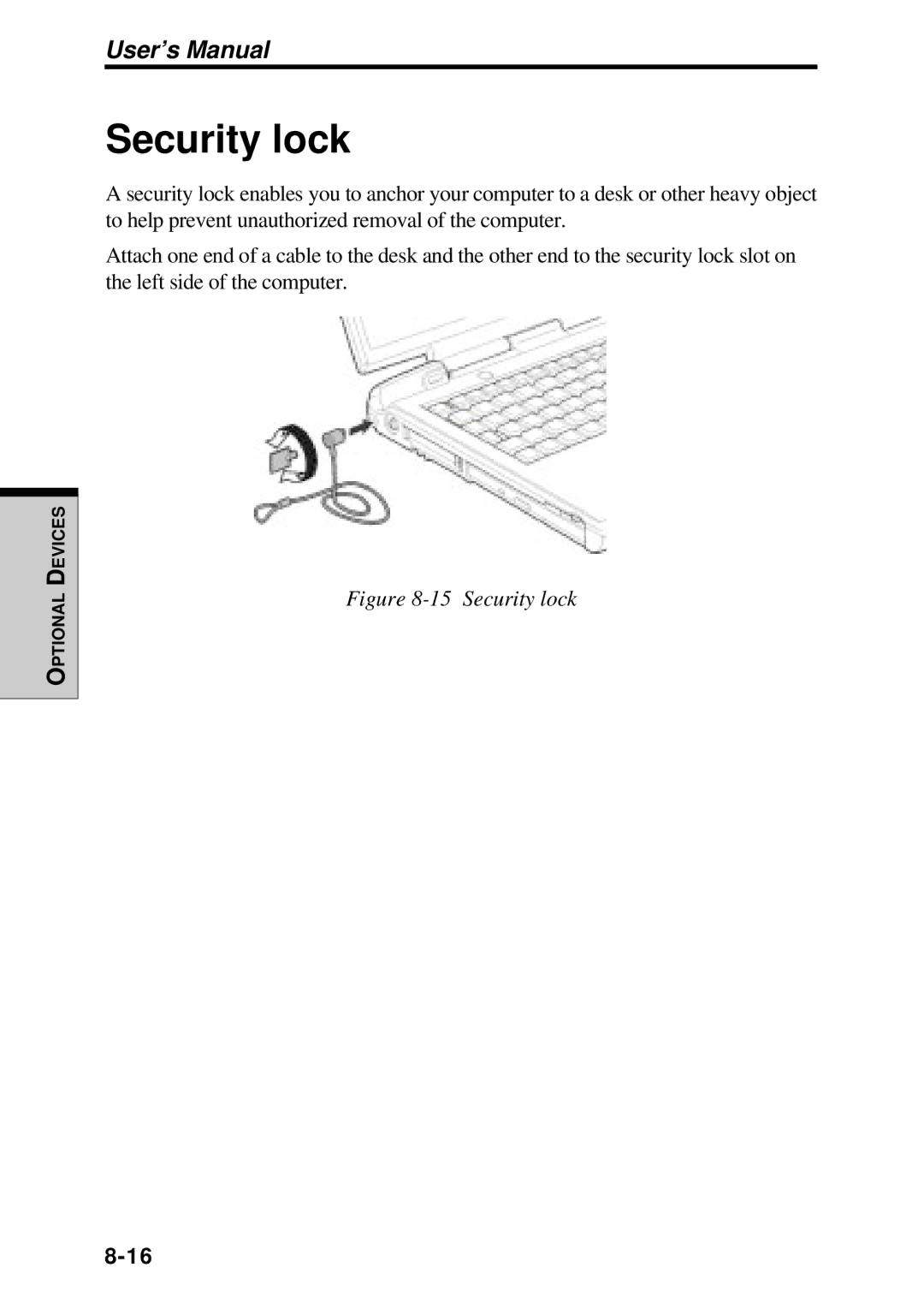 Toshiba TE2000 manual Security lock 