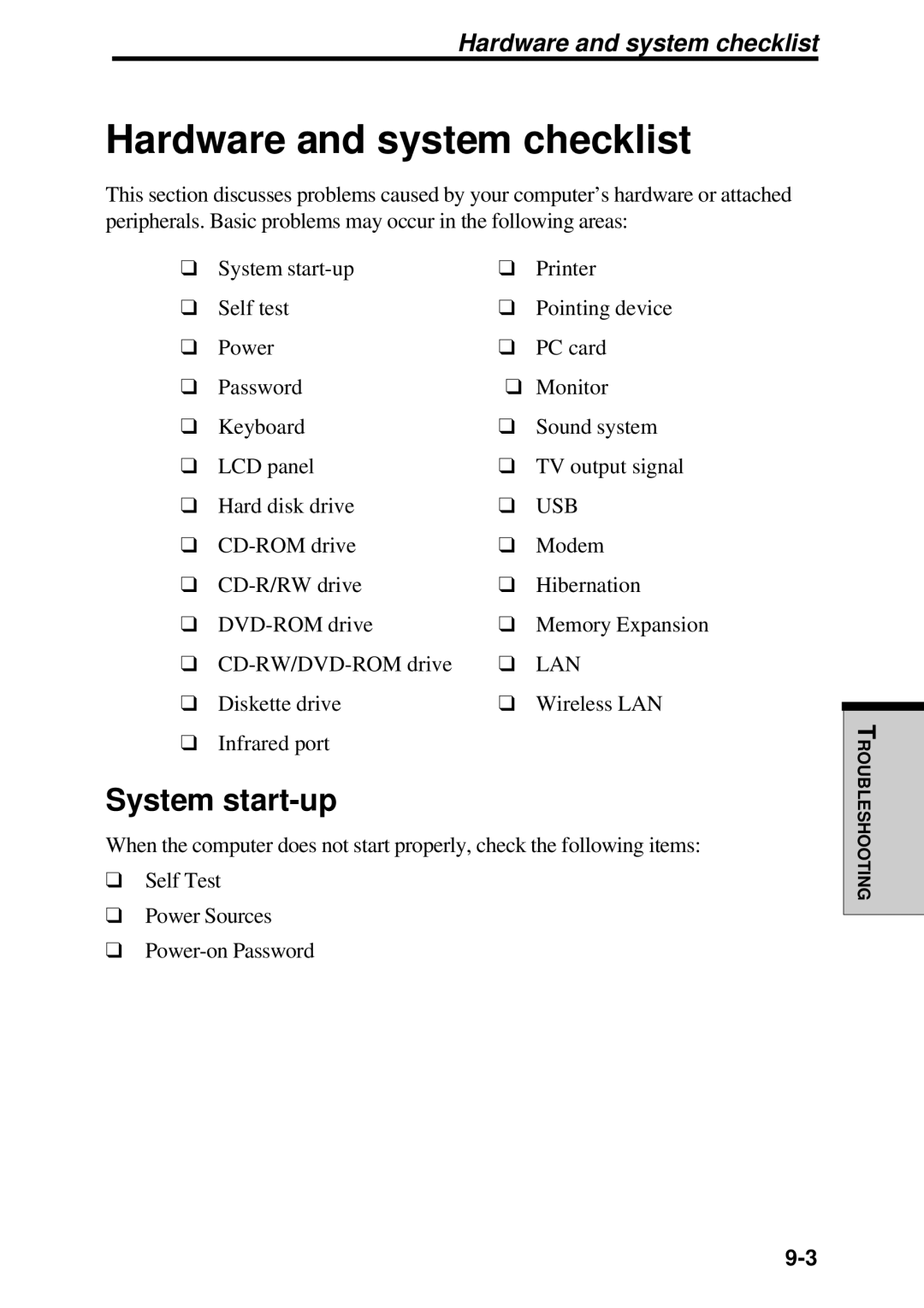 Toshiba TE2000 manual Hardware and system checklist, System start-up 