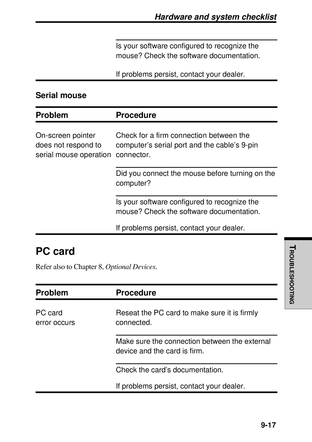 Toshiba TE2000 manual PC card, Serial mouse ProblemProcedure 