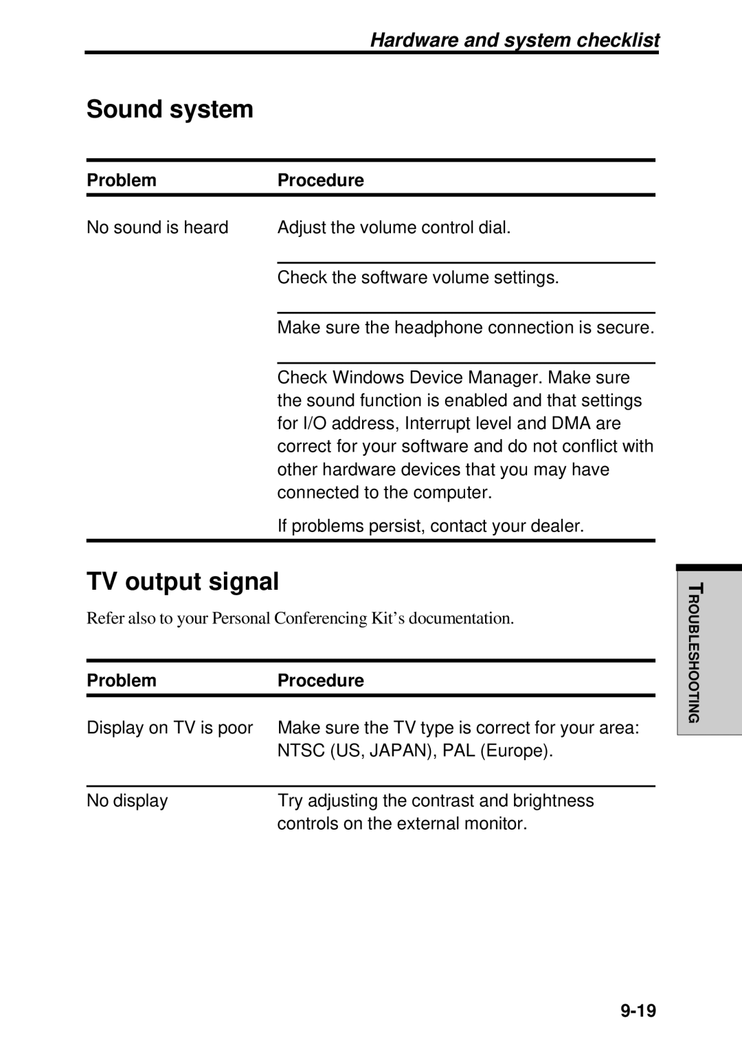 Toshiba TE2000 manual Sound system, TV output signal 