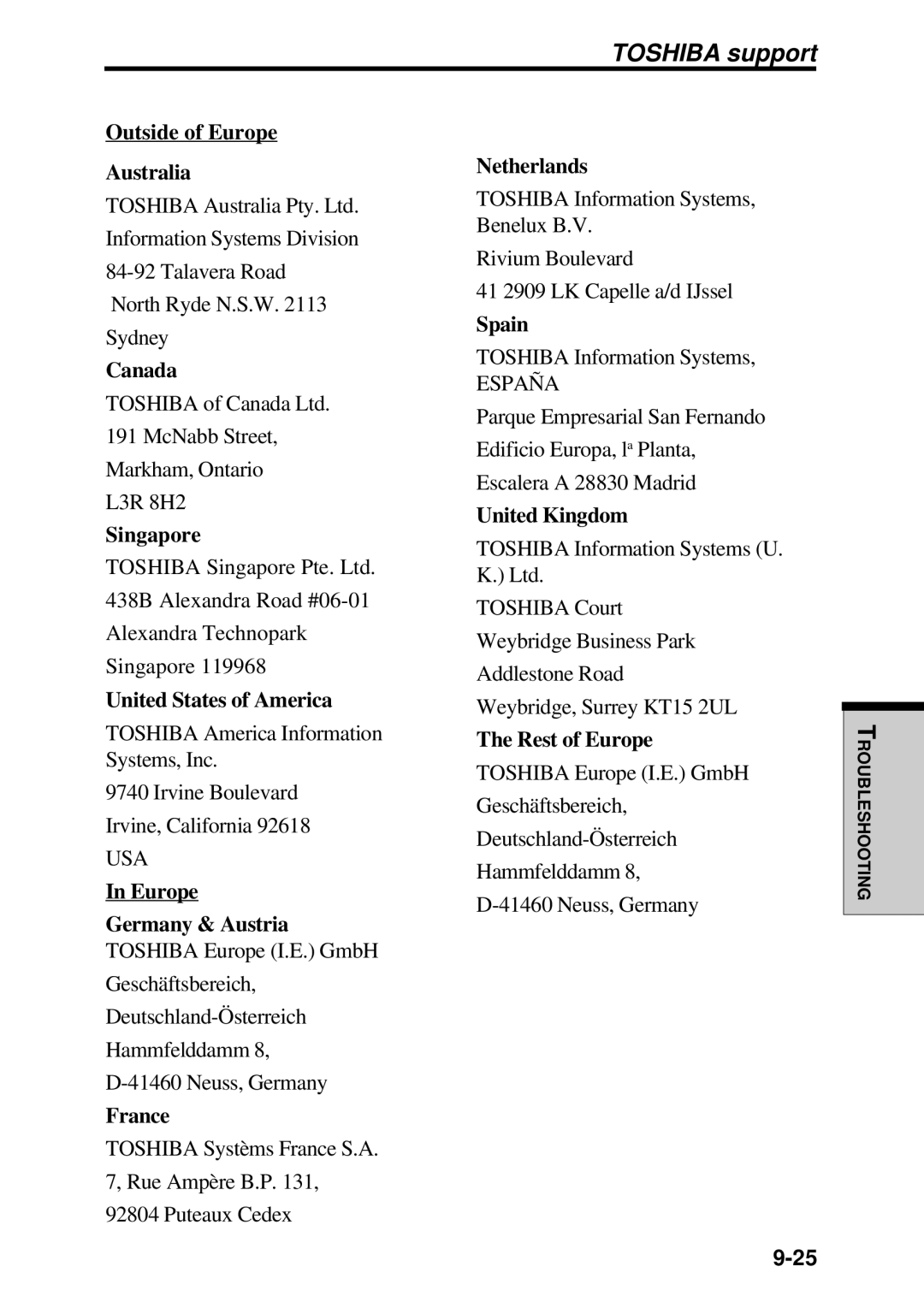 Toshiba TE2000 manual Toshiba support, Europe Germany & Austria 