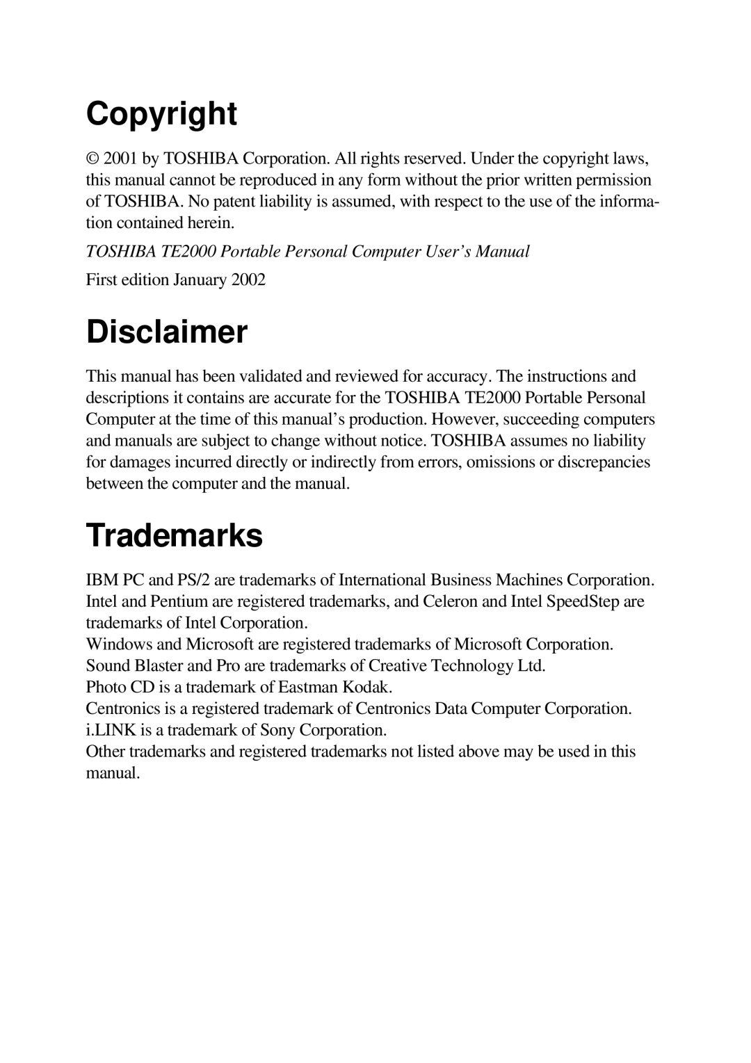 Toshiba TE2000 manual Copyright, Disclaimer, Trademarks 