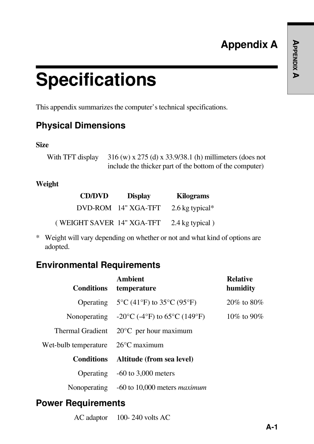 Toshiba TE2000 manual Specifications, Appendix a, Physical Dimensions, Environmental Requirements, Power Requirements 