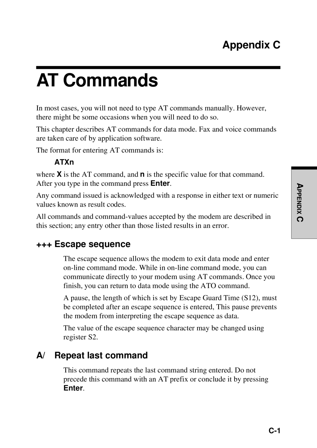 Toshiba TE2000 manual AT Commands, Appendix C, +++ Escape sequence, Repeat last command, ATXn 