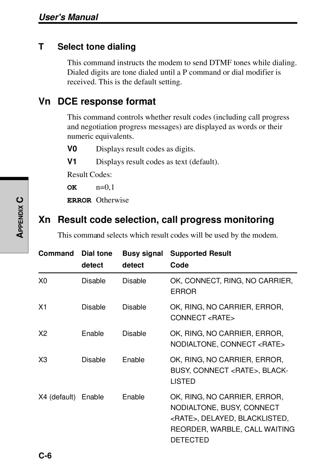 Toshiba TE2000 manual Vn DCE response format, Xn Result code selection, call progress monitoring 