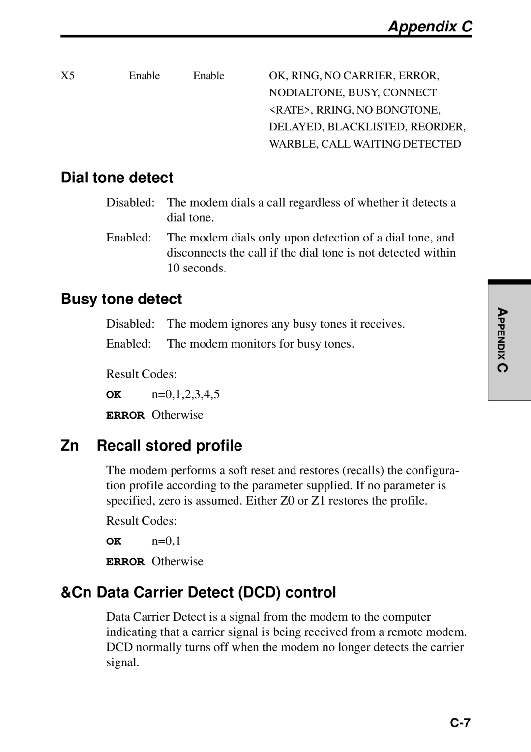 Toshiba TE2000 manual Dial tone detect, Busy tone detect, Zn Recall stored profile, Cn Data Carrier Detect DCD control 