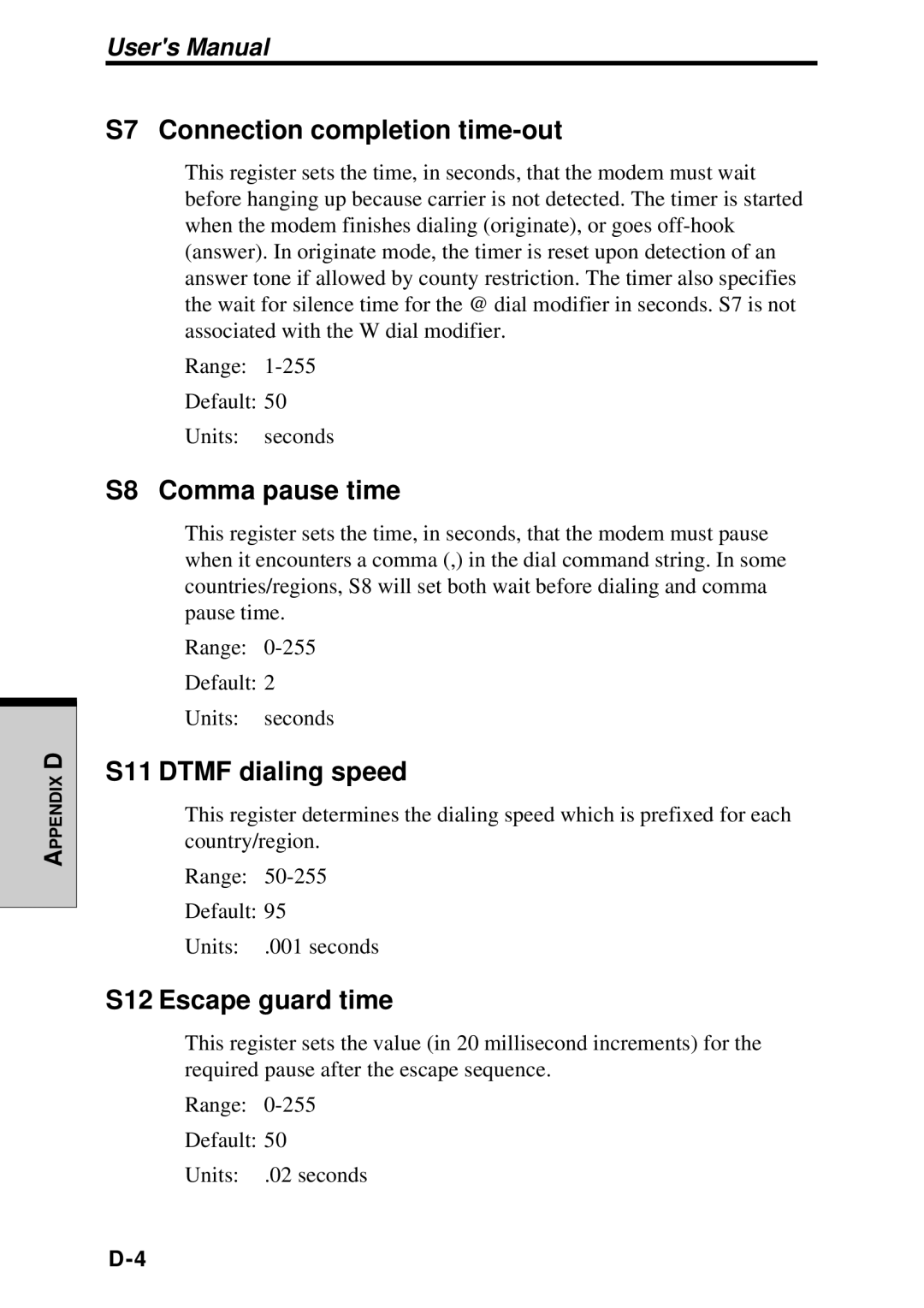 Toshiba TE2000 manual S7 Connection completion time-out, S8 Comma pause time, S11 Dtmf dialing speed, S12 Escape guard time 