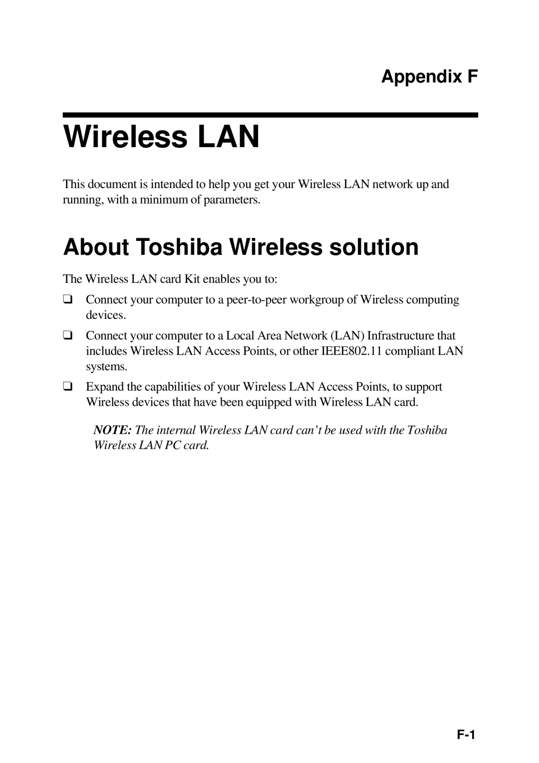 Toshiba TE2000 manual Wireless LAN, About Toshiba Wireless solution, Appendix F 