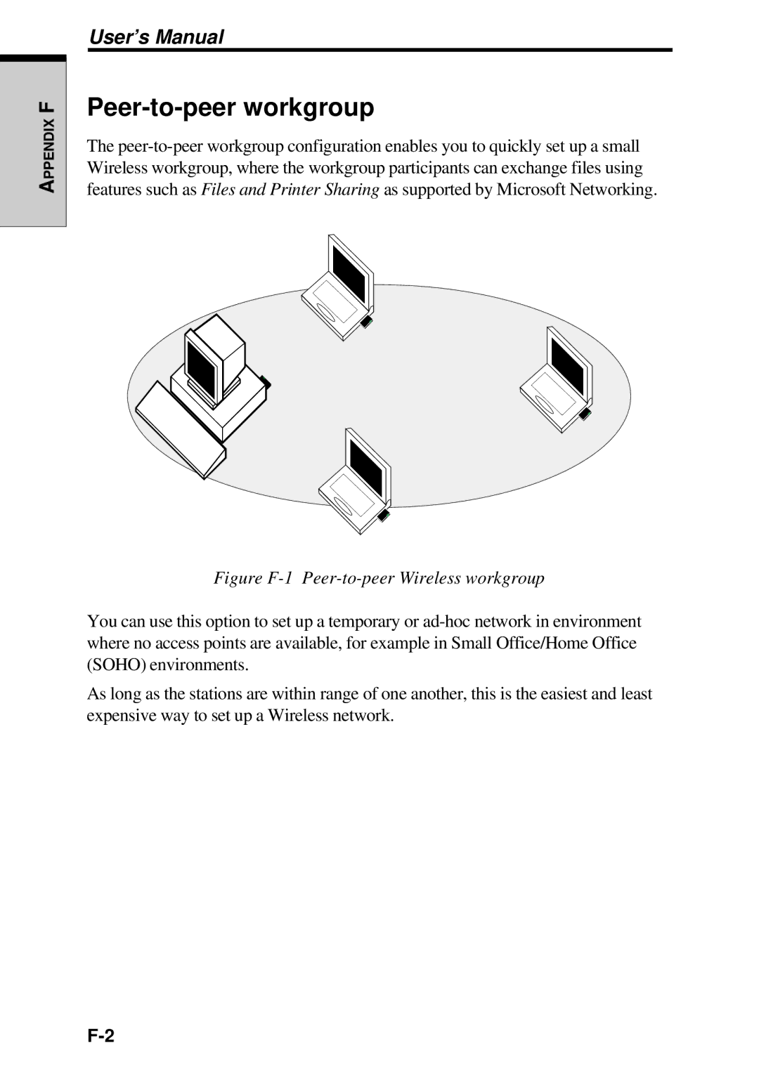 Toshiba TE2000 manual Peer-to-peer workgroup, Figure F-1 Peer-to-peer Wireless workgroup 