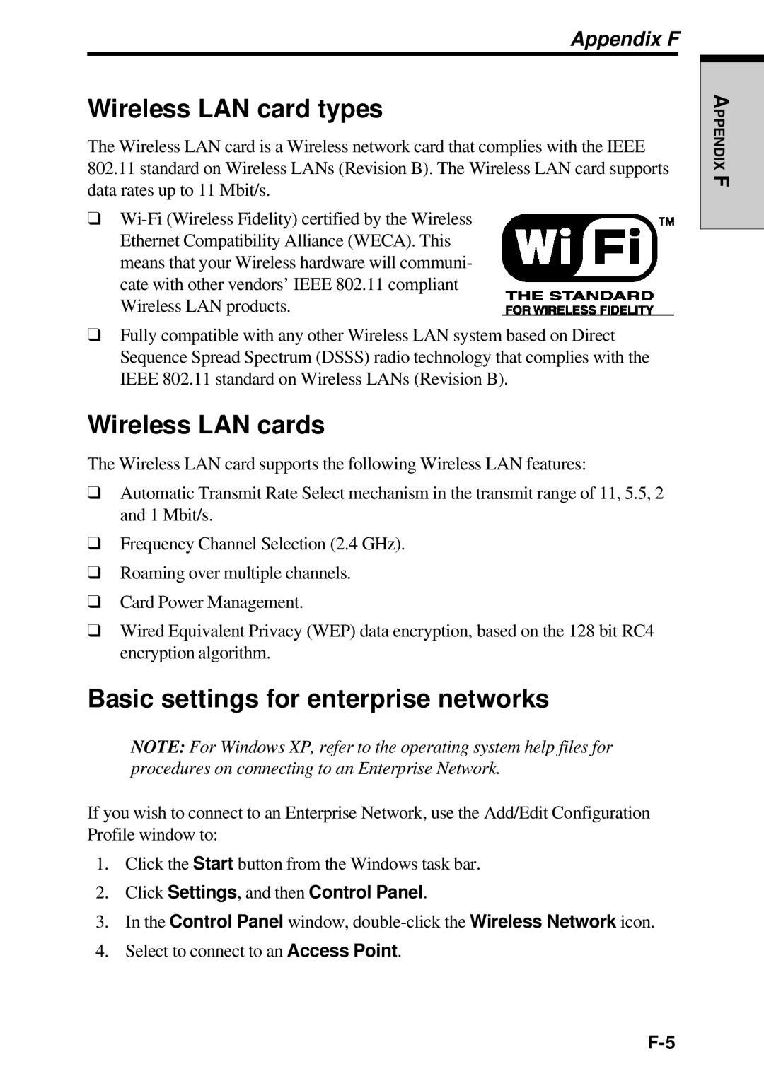 Toshiba TE2000 manual Wireless LAN card types, Wireless LAN cards, Basic settings for enterprise networks 