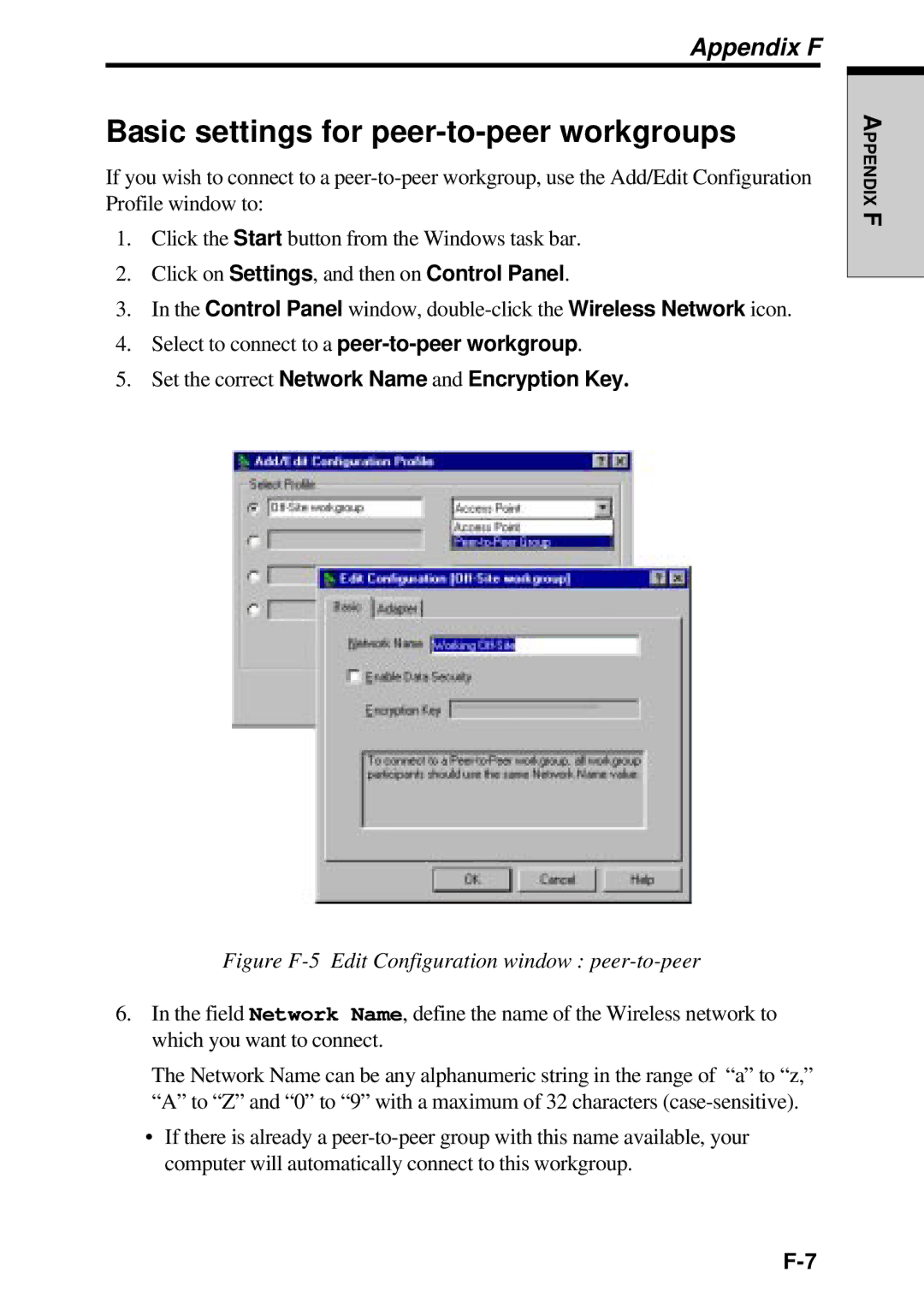 Toshiba TE2000 manual Basic settings for peer-to-peer workgroups, Set the correct Network Name and Encryption Key 