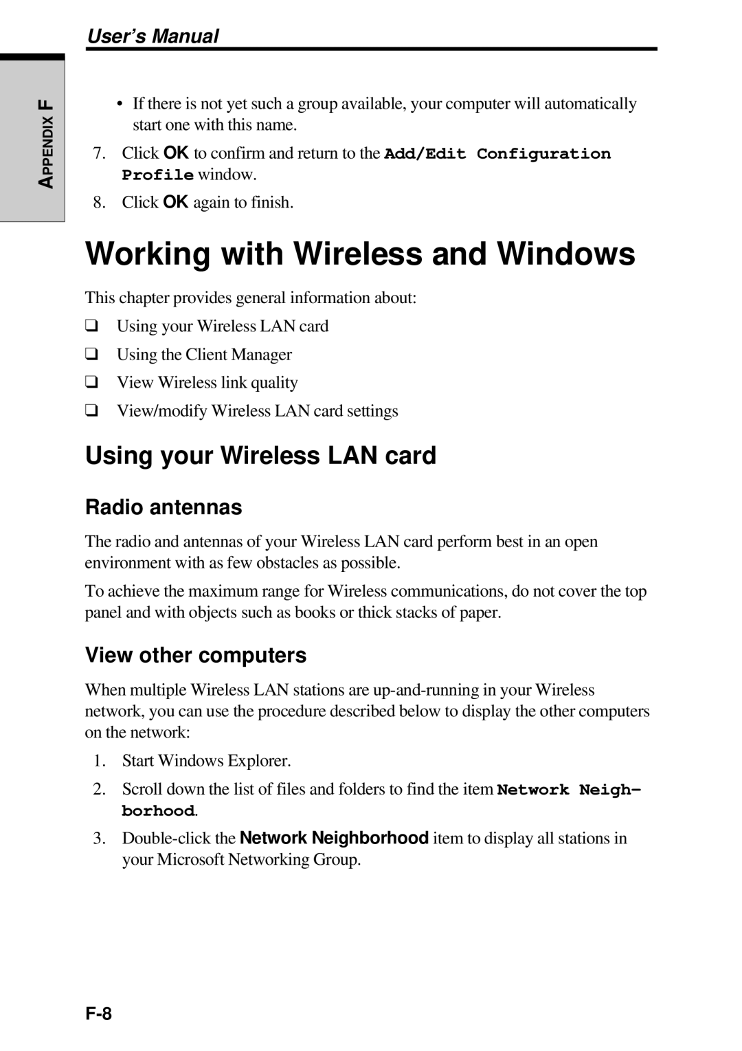 Toshiba TE2000 manual Working with Wireless and Windows, Using your Wireless LAN card, Radio antennas, View other computers 