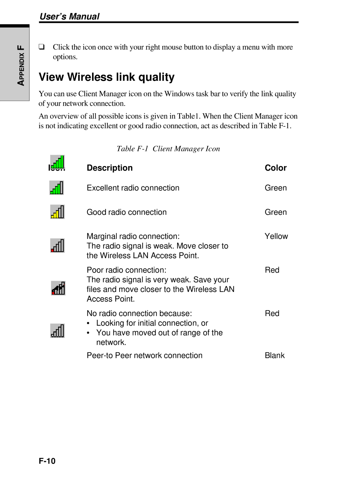 Toshiba TE2000 manual View Wireless link quality, Icon Description Color 