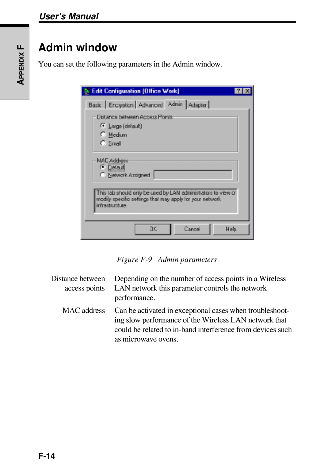 Toshiba TE2000 manual Admin window, Figure F-9 Admin parameters 