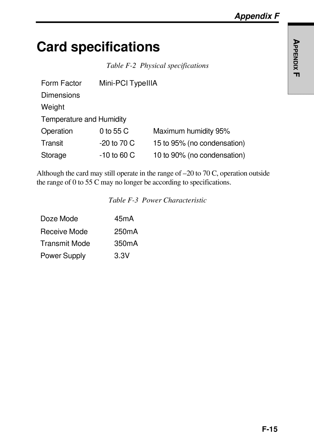 Toshiba TE2000 manual Card specifications, Storage 10 to 60 C 