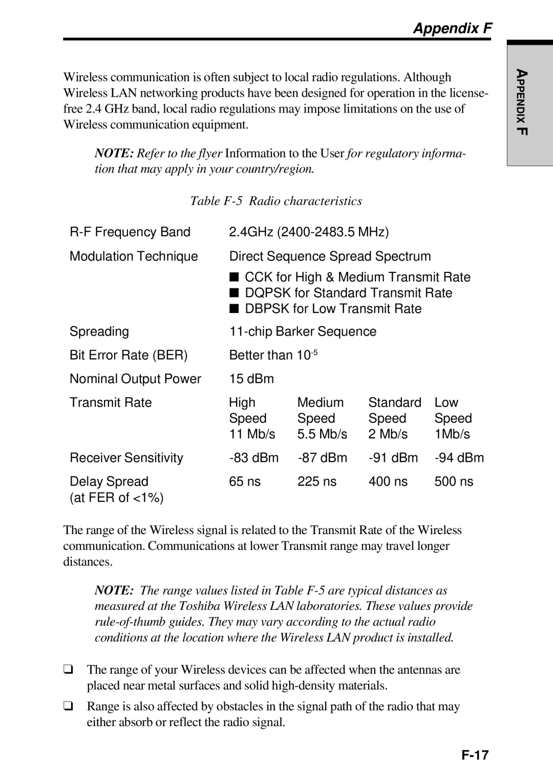 Toshiba TE2000 manual Table F-5 Radio characteristics 