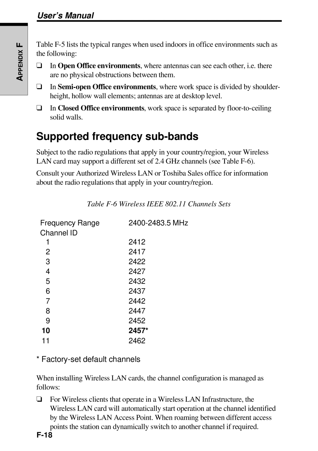 Toshiba TE2000 manual Supported frequency sub-bands, 2457 