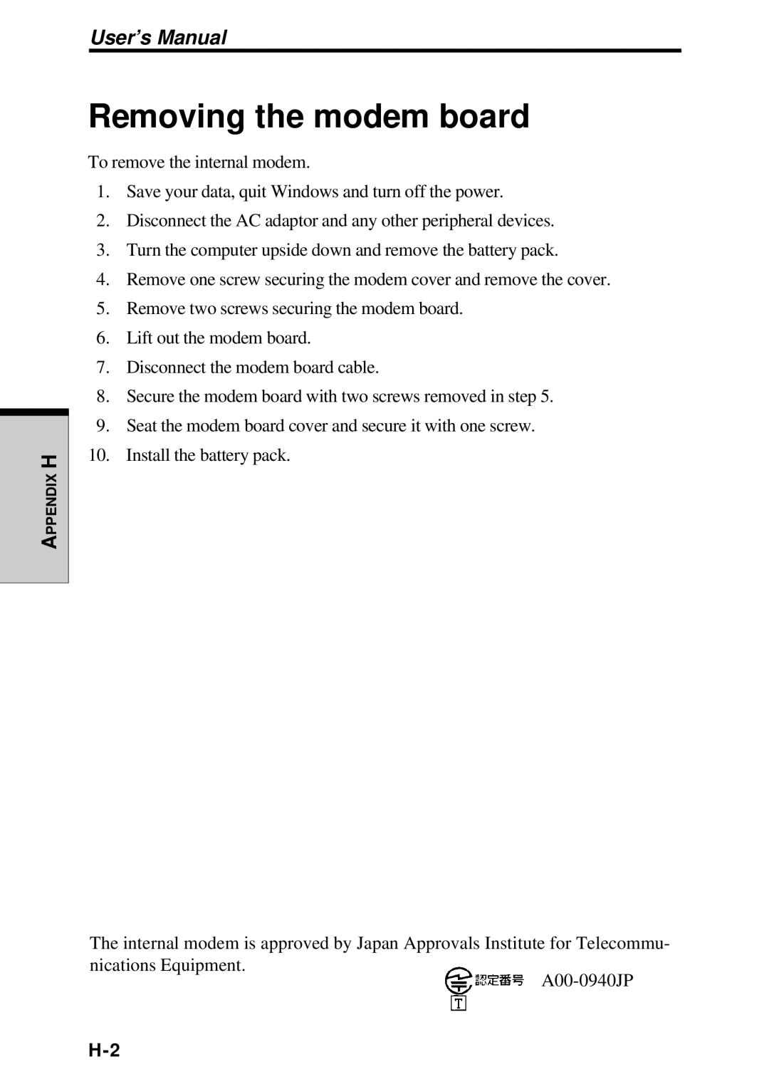 Toshiba TE2000 manual Removing the modem board, User’s Manual 