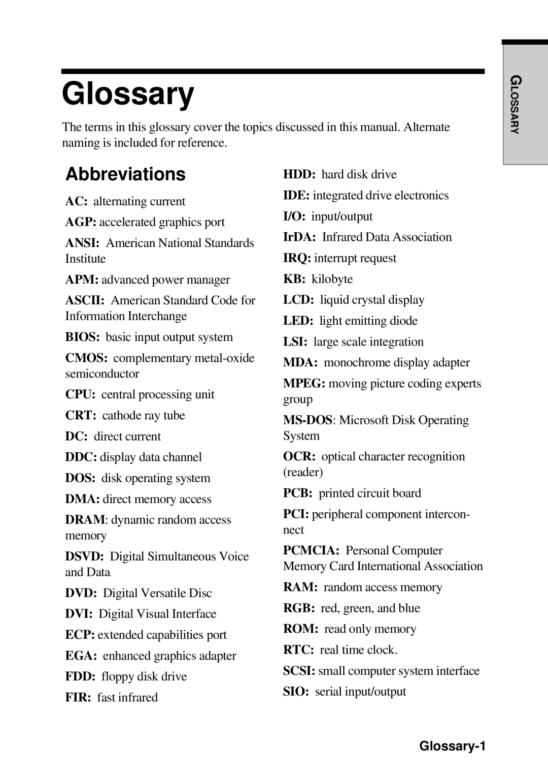 Toshiba TE2000 manual Glossary-1 