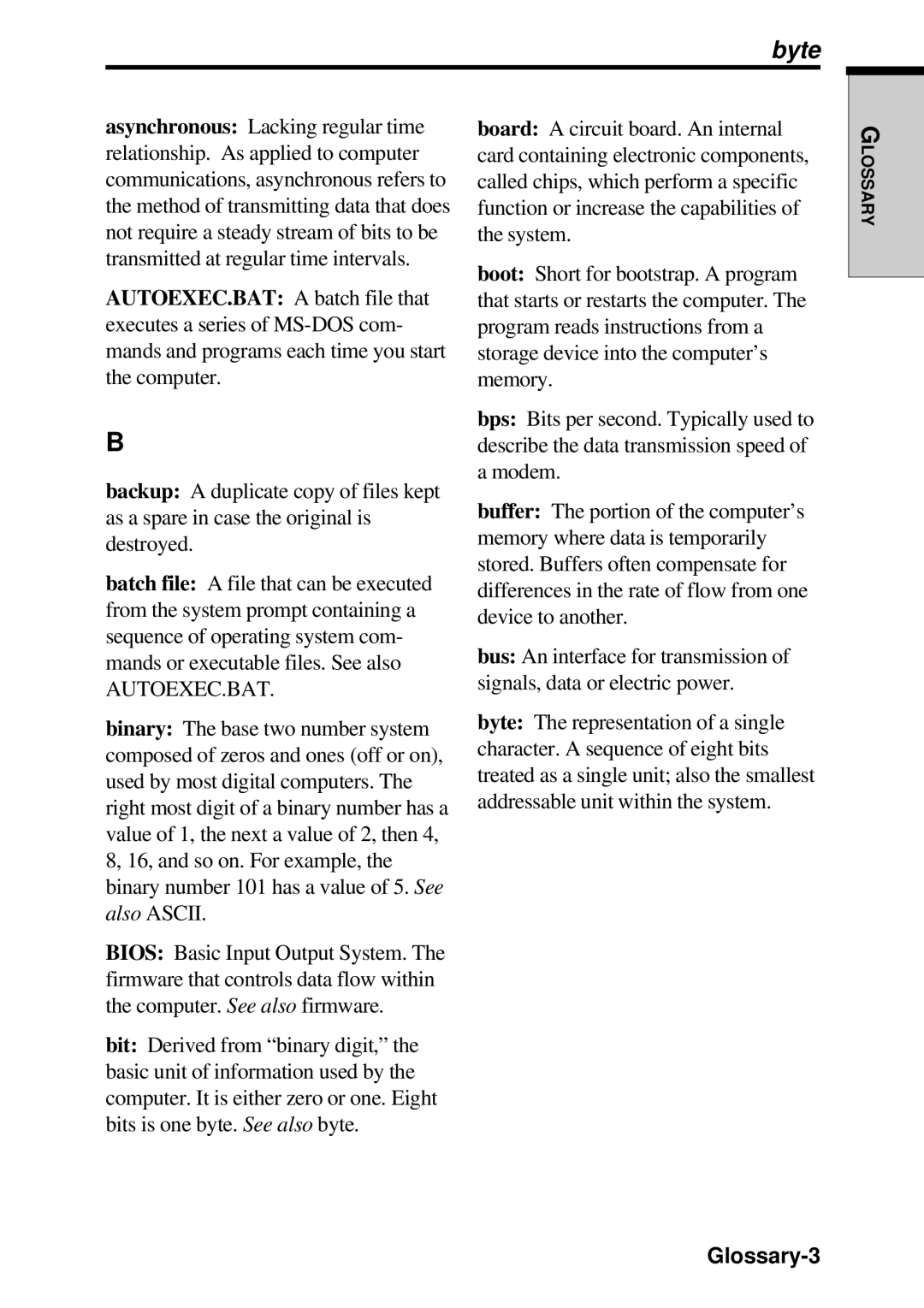 Toshiba TE2000 manual Byte, Glossary-3 