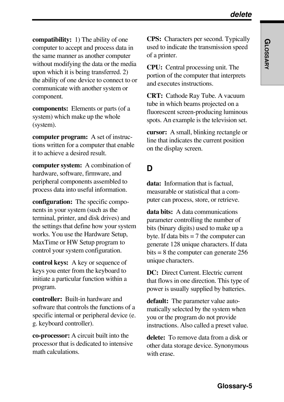 Toshiba TE2000 manual Delete, Glossary-5 