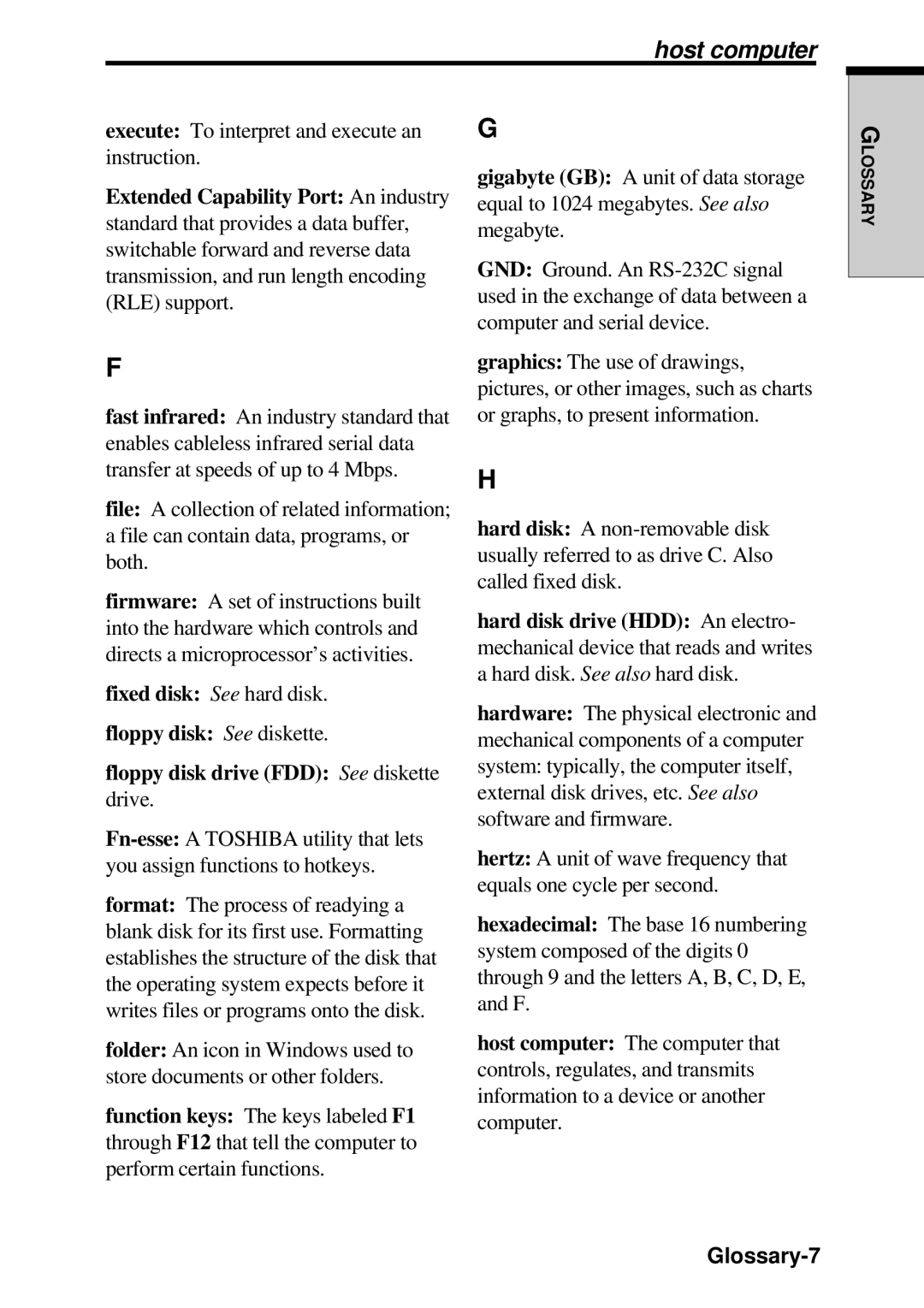 Toshiba TE2000 manual Host computer, Glossary-7 