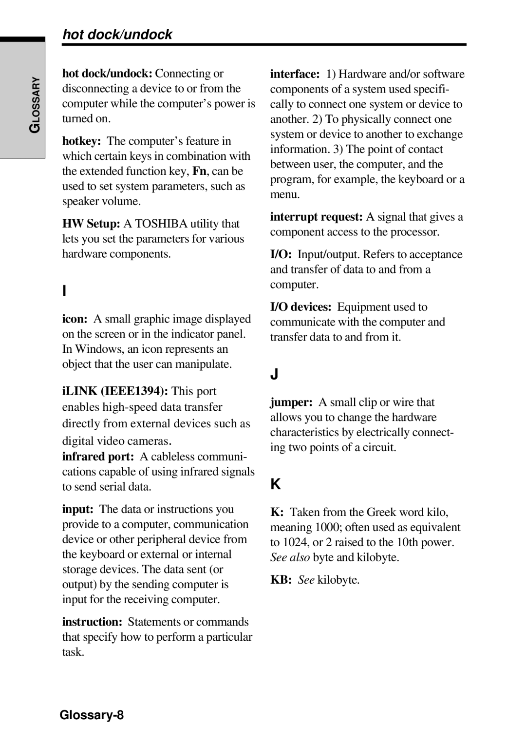 Toshiba TE2000 manual Hot dock/undock, Glossary-8 