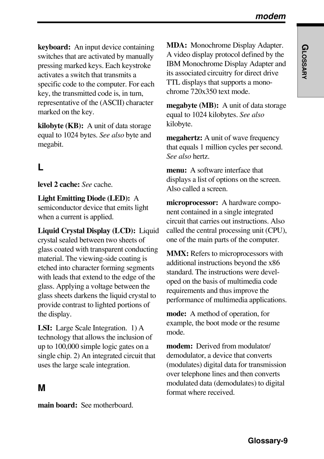 Toshiba TE2000 manual Modem, Glossary-9 