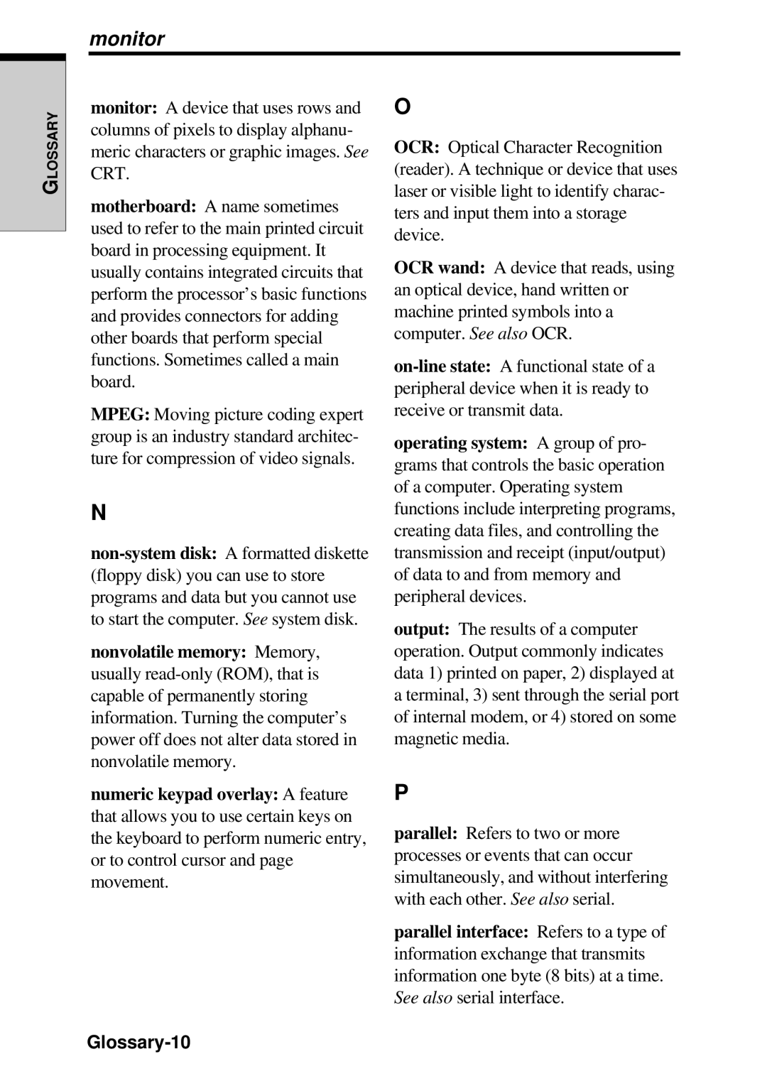 Toshiba TE2000 manual Monitor, Glossary-10 