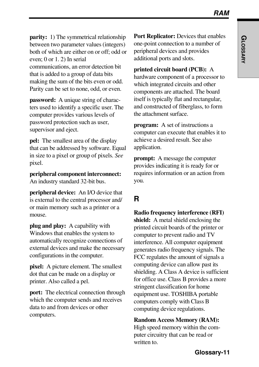 Toshiba TE2000 manual Ram, Glossary-11 