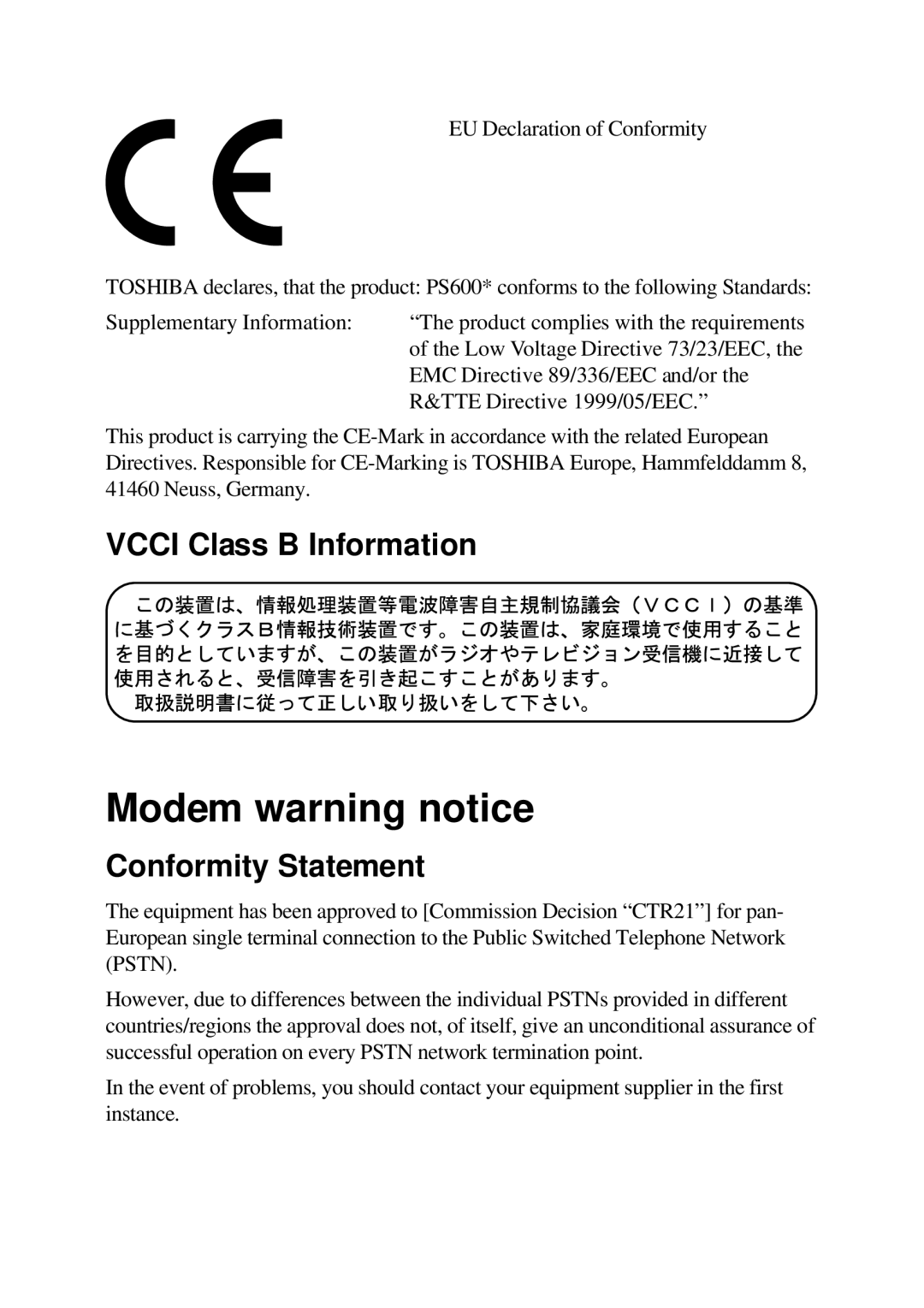 Toshiba TE2000 manual Modem warning notice, Vcci Class B Information, Conformity Statement 