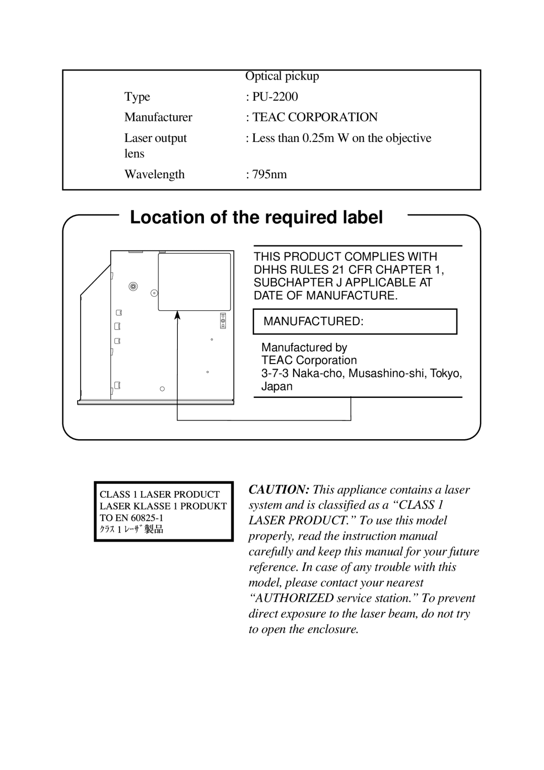 Toshiba TE2000 manual Location of the required label 